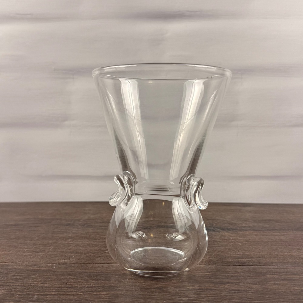 Steuben Signet Vase Clear Crystal Applied Scroll Handles Signed Vintage